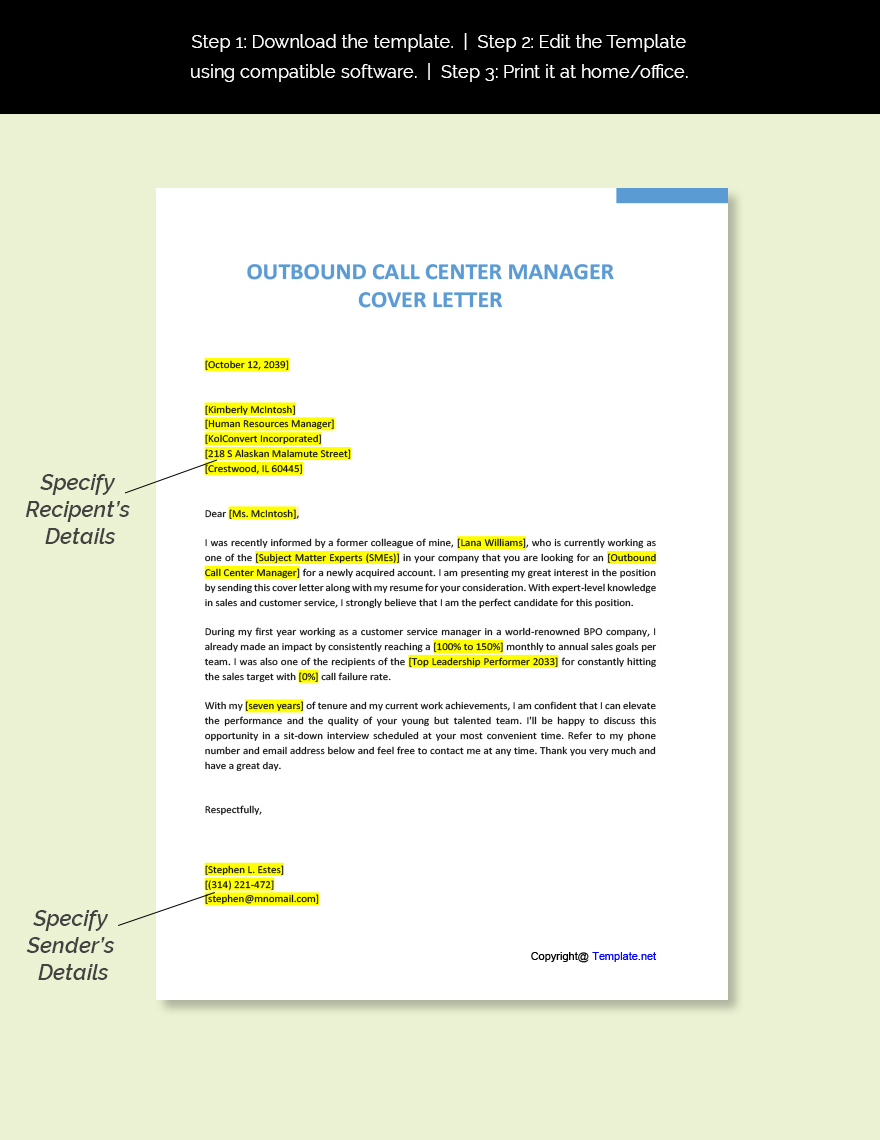Outbound Call Center Manager Cover Letter