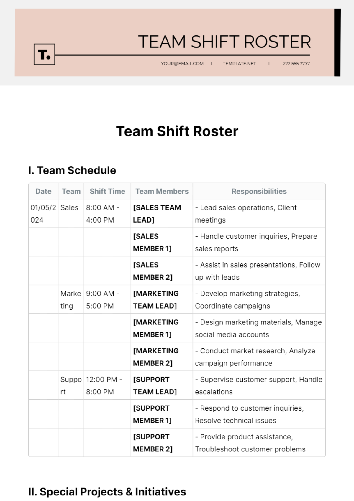 Team Shift Roster Template