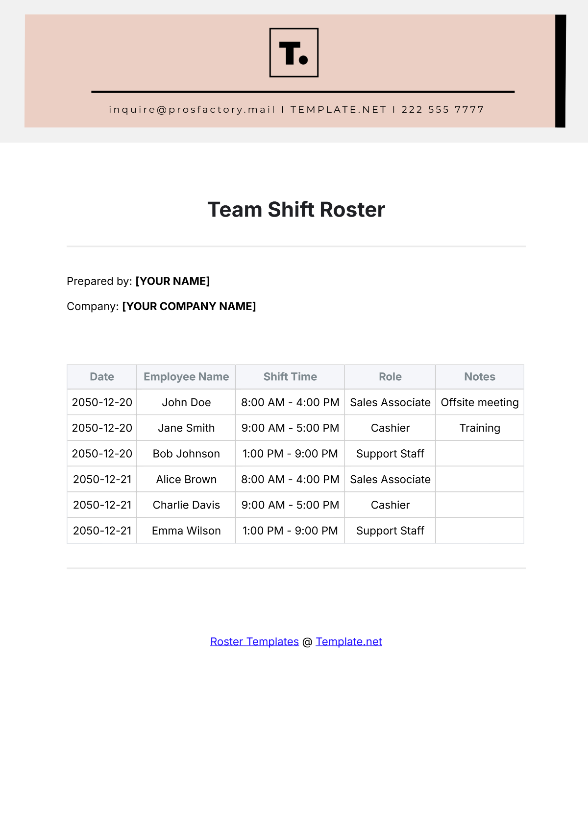 Free Kitchen Staff Roster Template - Edit Online & Download | Template.net