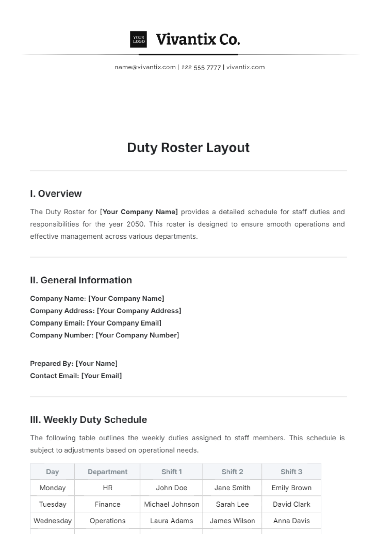 Duty Roster Layout Template