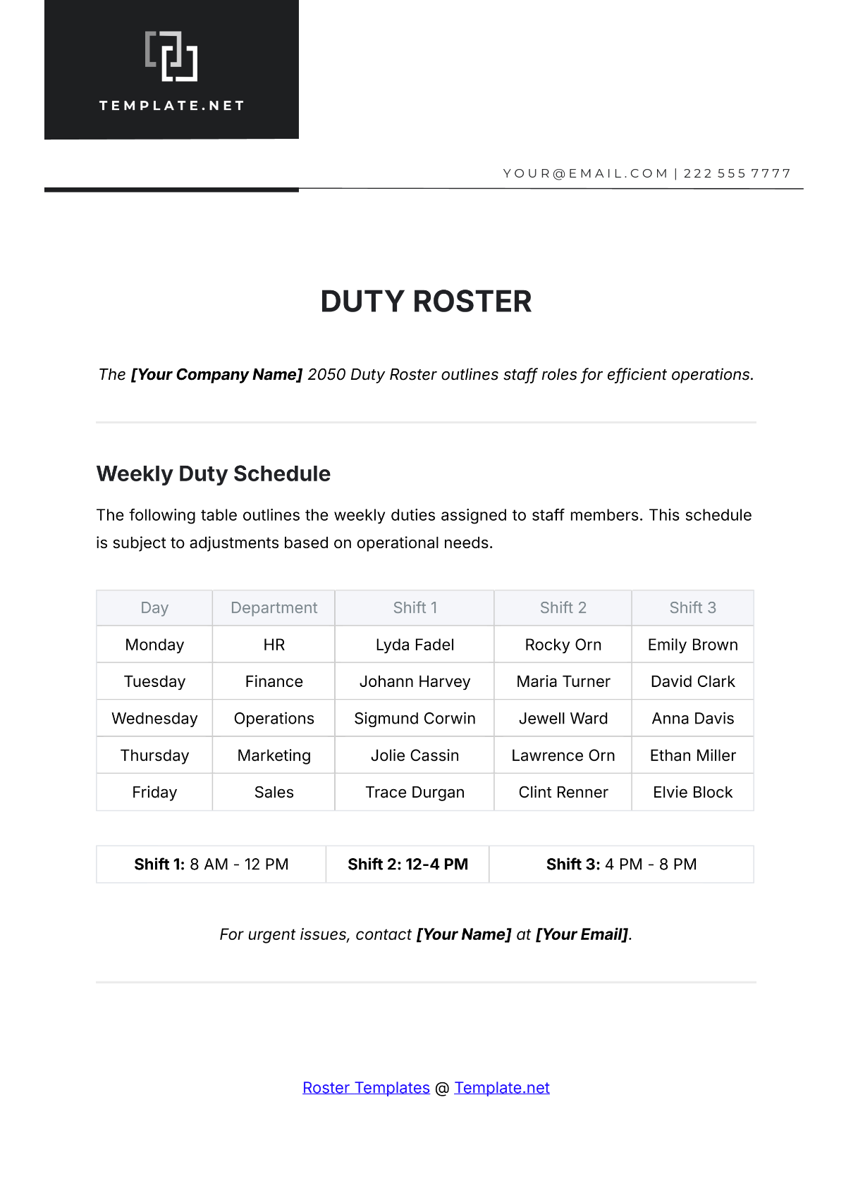 Duty Roster Template - Edit Online & Download