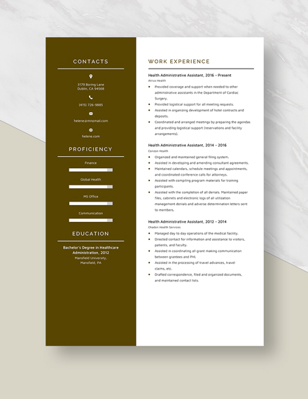 Health Administrative Assistant Resume Template