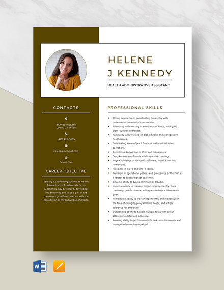 Health Administrative Assistant Resume Template - Word, Apple Pages