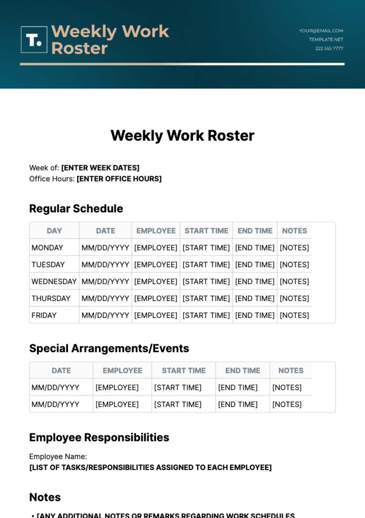 Weekly Work Roster Template