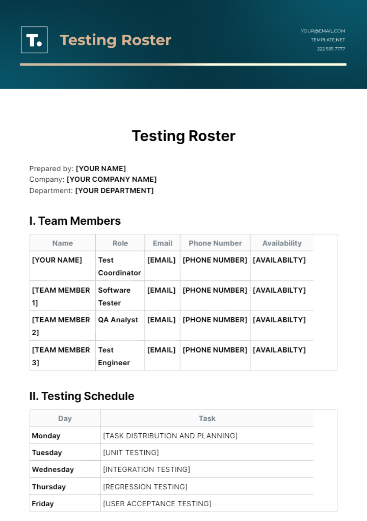 Testing Roster Template