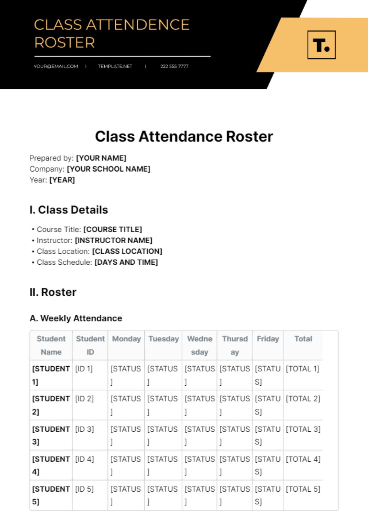 Class Attendance Roster Template
