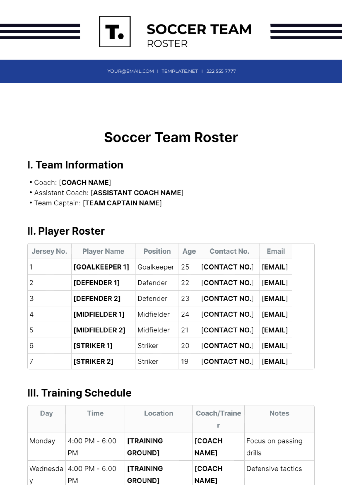 Soccer Team Roster Template