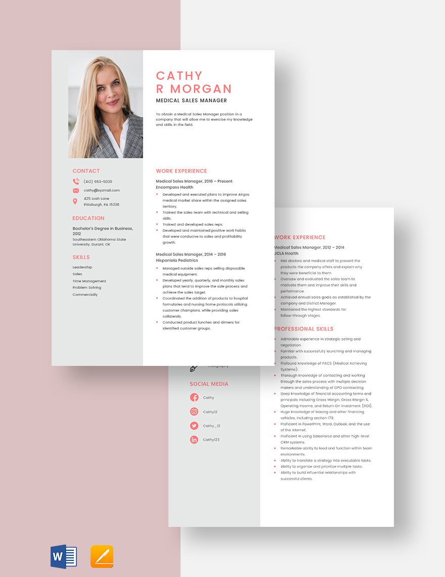 Medical Sales Manager Resume Template - Word, Apple Pages | Template.net