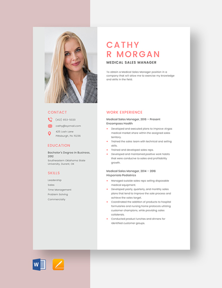 Medical Sales Manager Resume Template - Word, Apple Pages