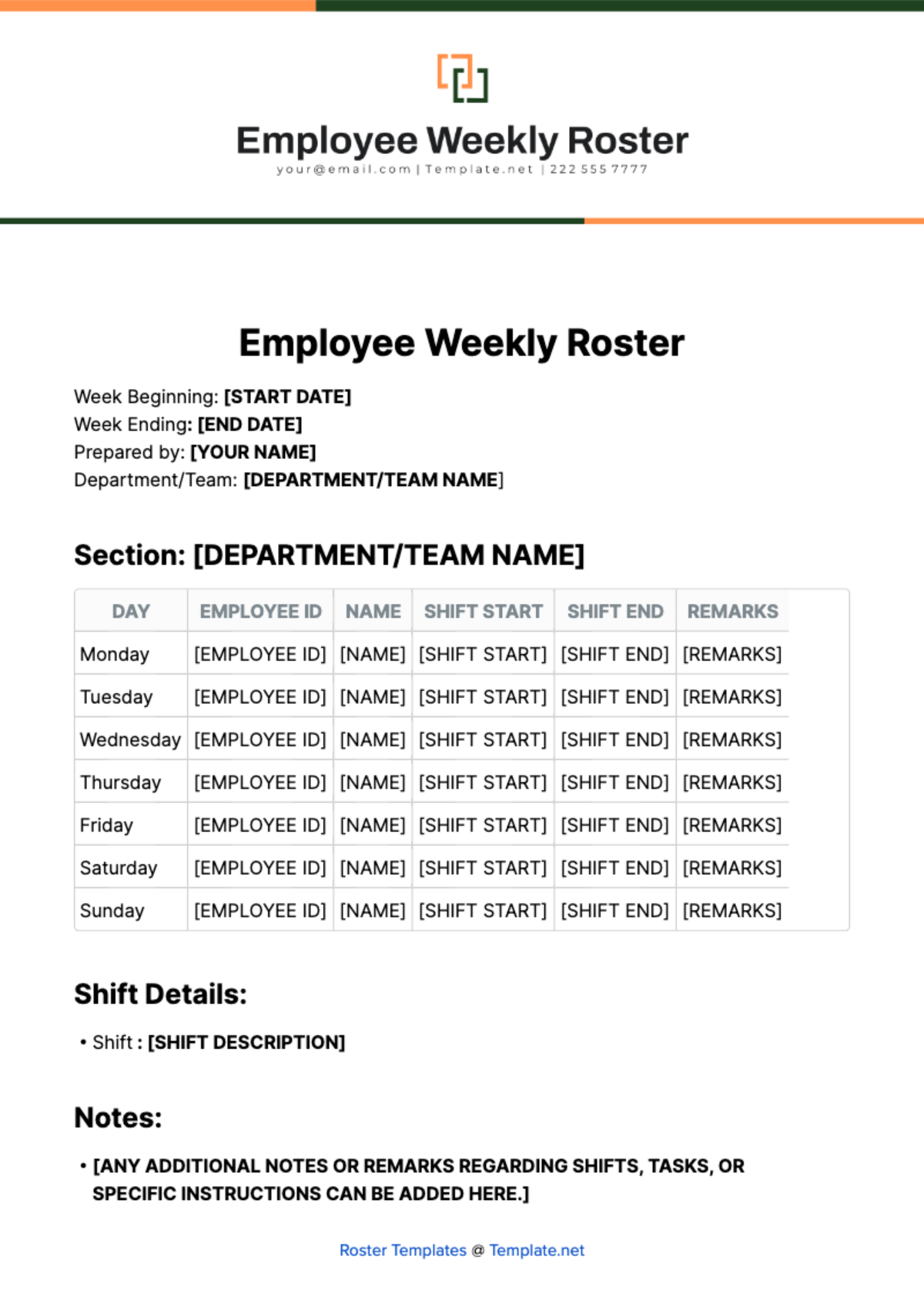 Employee Weekly Roster Template