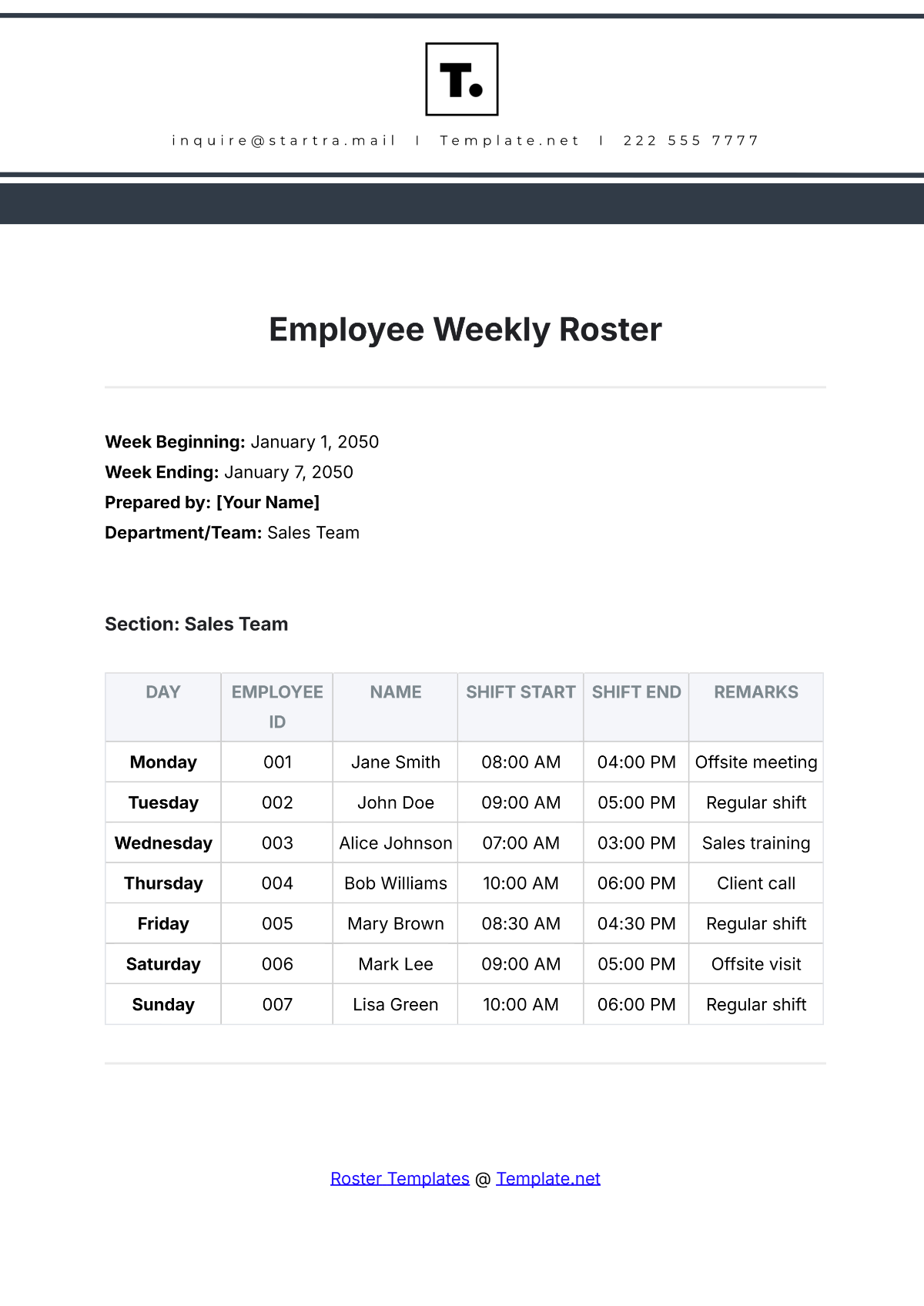 Employee Weekly Roster Template - Edit Online & Download