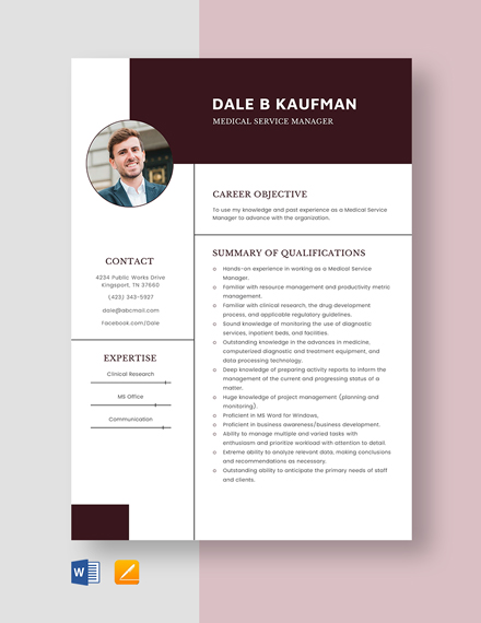 Free Medical Service Manager Resume Template - Word, Apple Pages