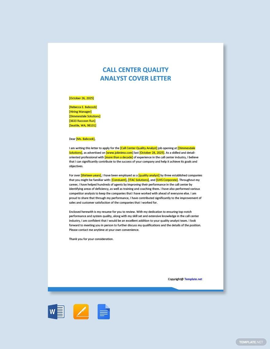 Call Center Quality Analyst Cover Letter