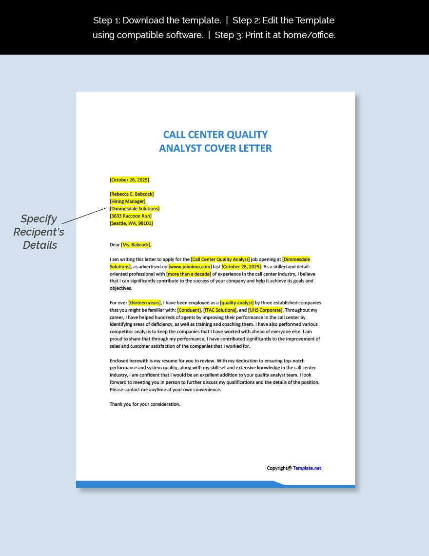 Call Center Quality Analyst Cover Letter