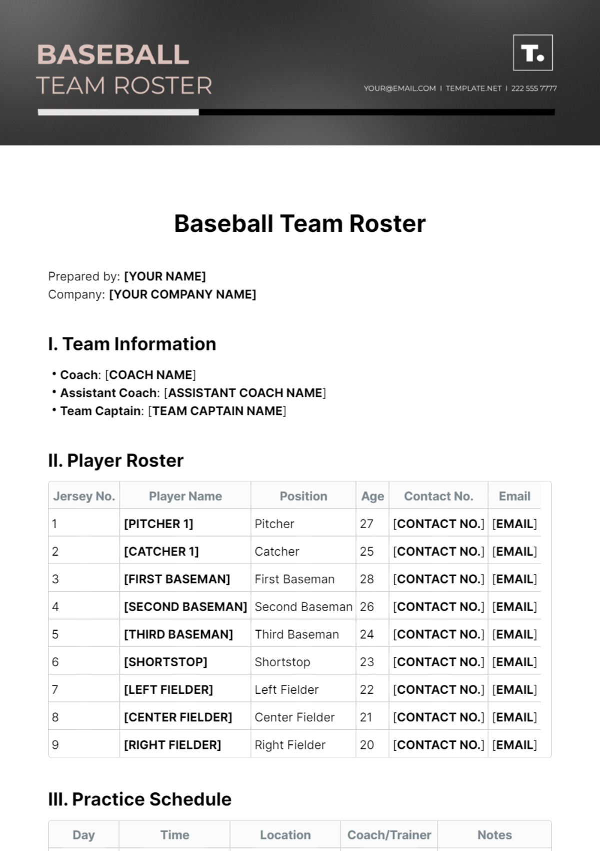 Baseball Team Roster Template