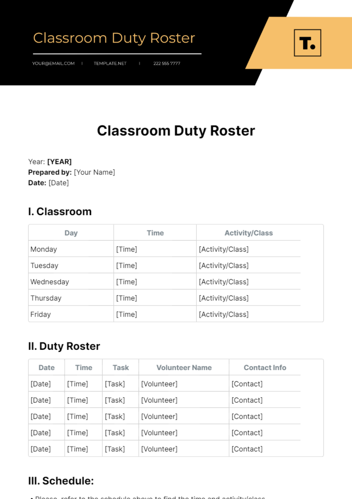 Classroom Duty Roster Template