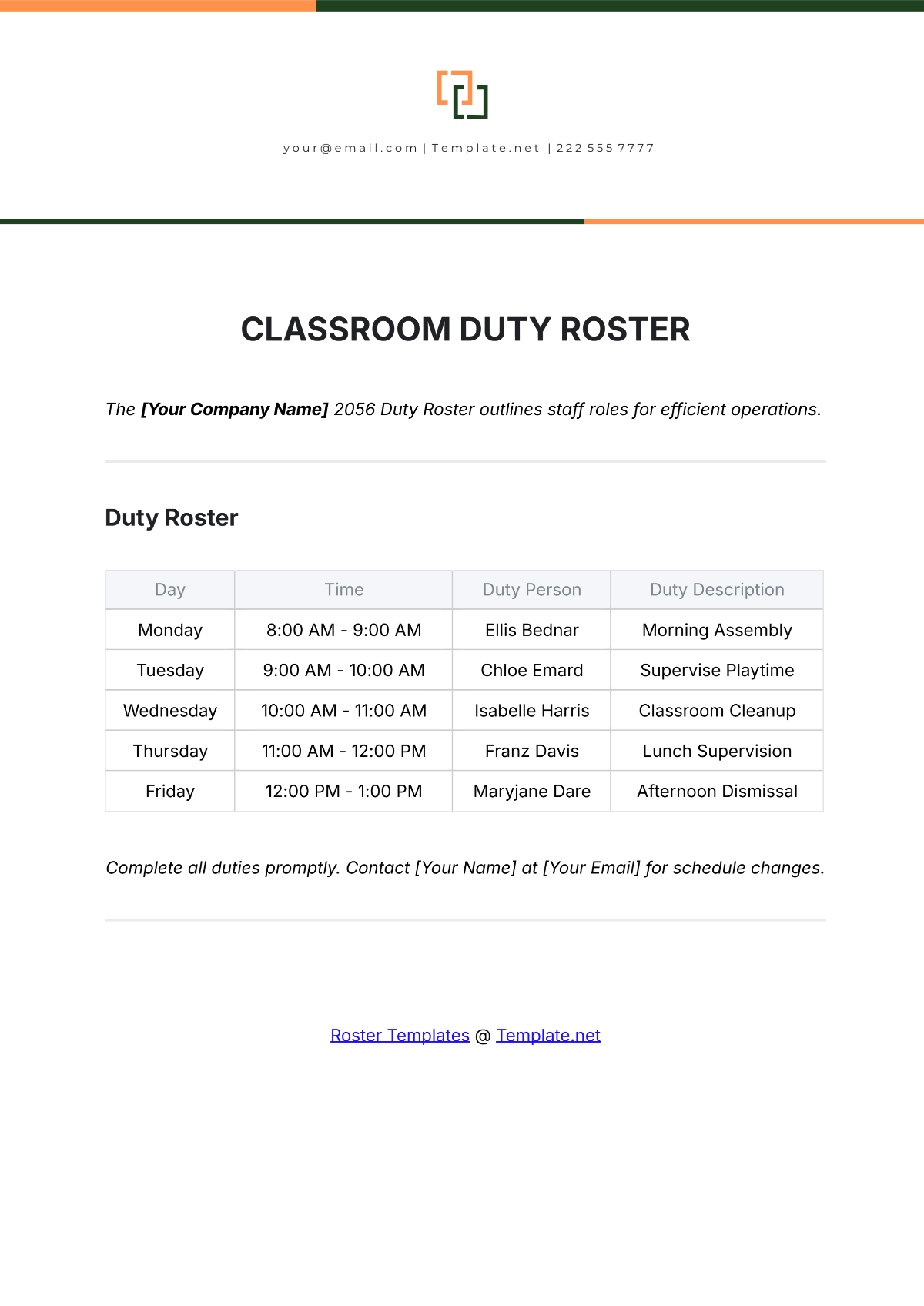 Classroom Duty Roster Template - Edit Online & Download