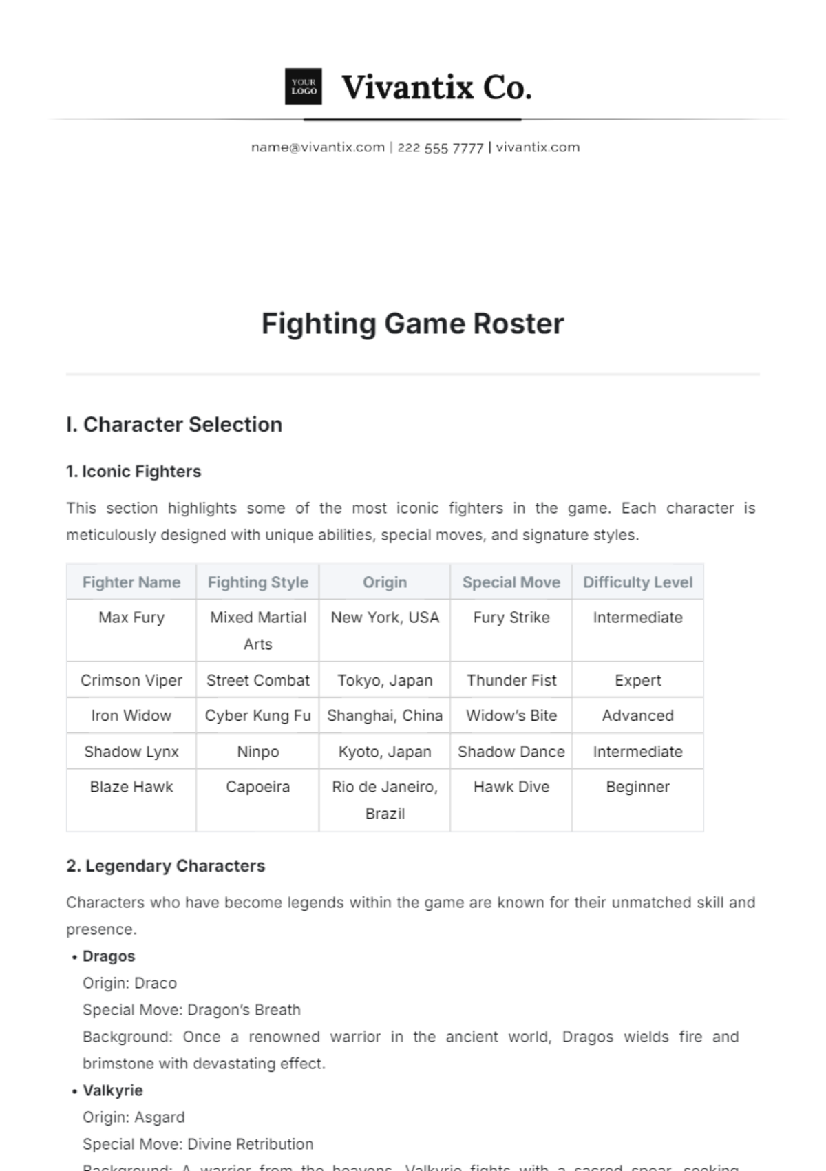 Fighting Game Roster Template