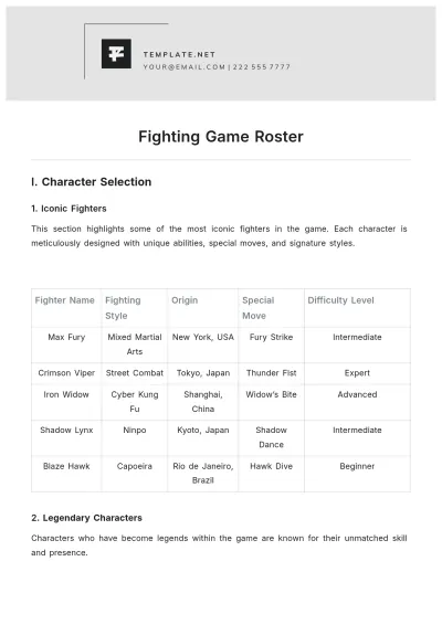Free Fighting Game Roster Template to Edit Online | Template.net to Edit Online