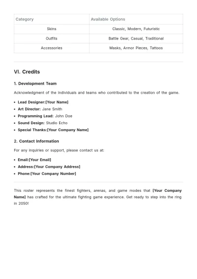 Free Fighting Game Roster Template to Edit Online | Template.net to Edit Online