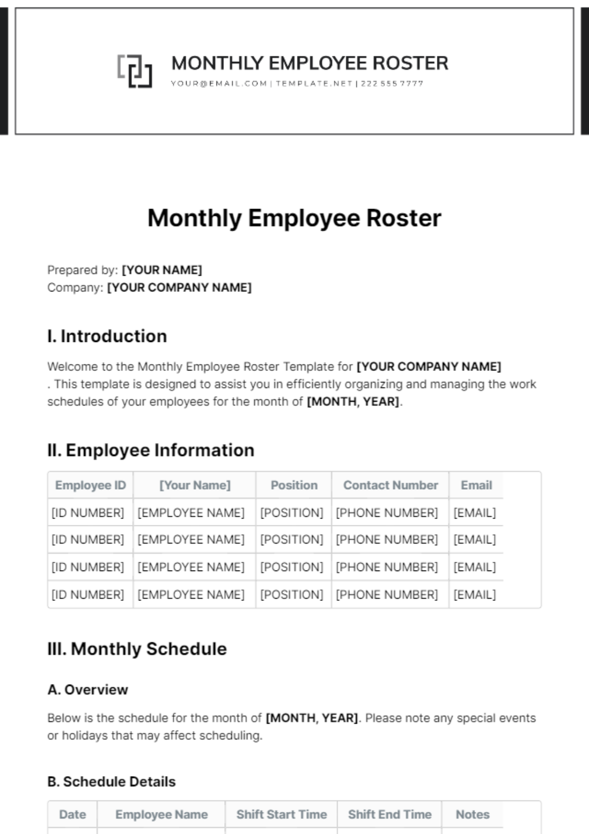 Monthly Employee Roster Template