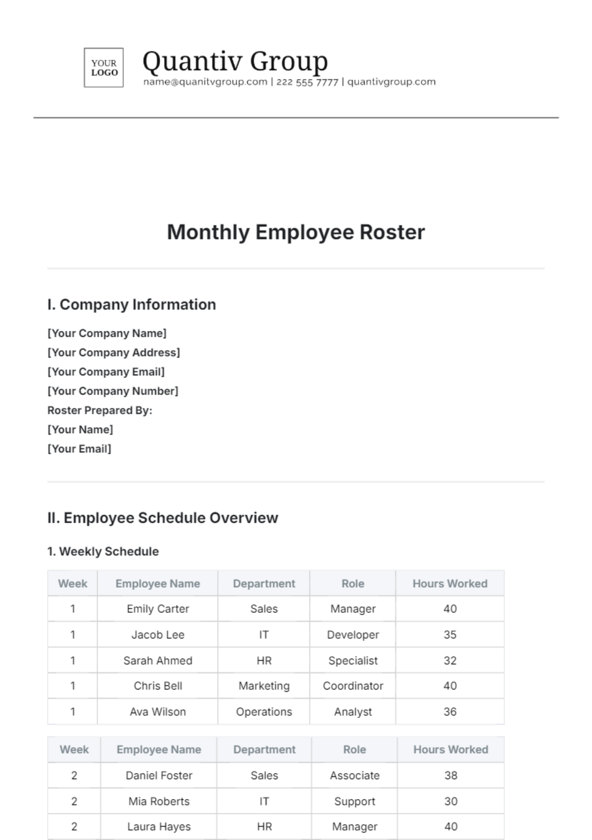 Free Monthly Employee Roster Template