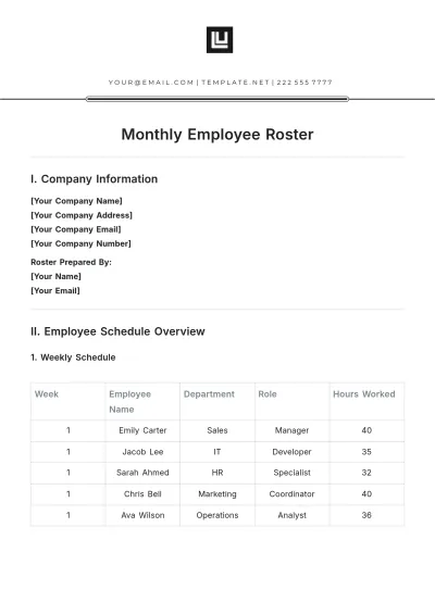 Free Monthly Employee Roster Template to Edit Online | Template.net to Edit Online