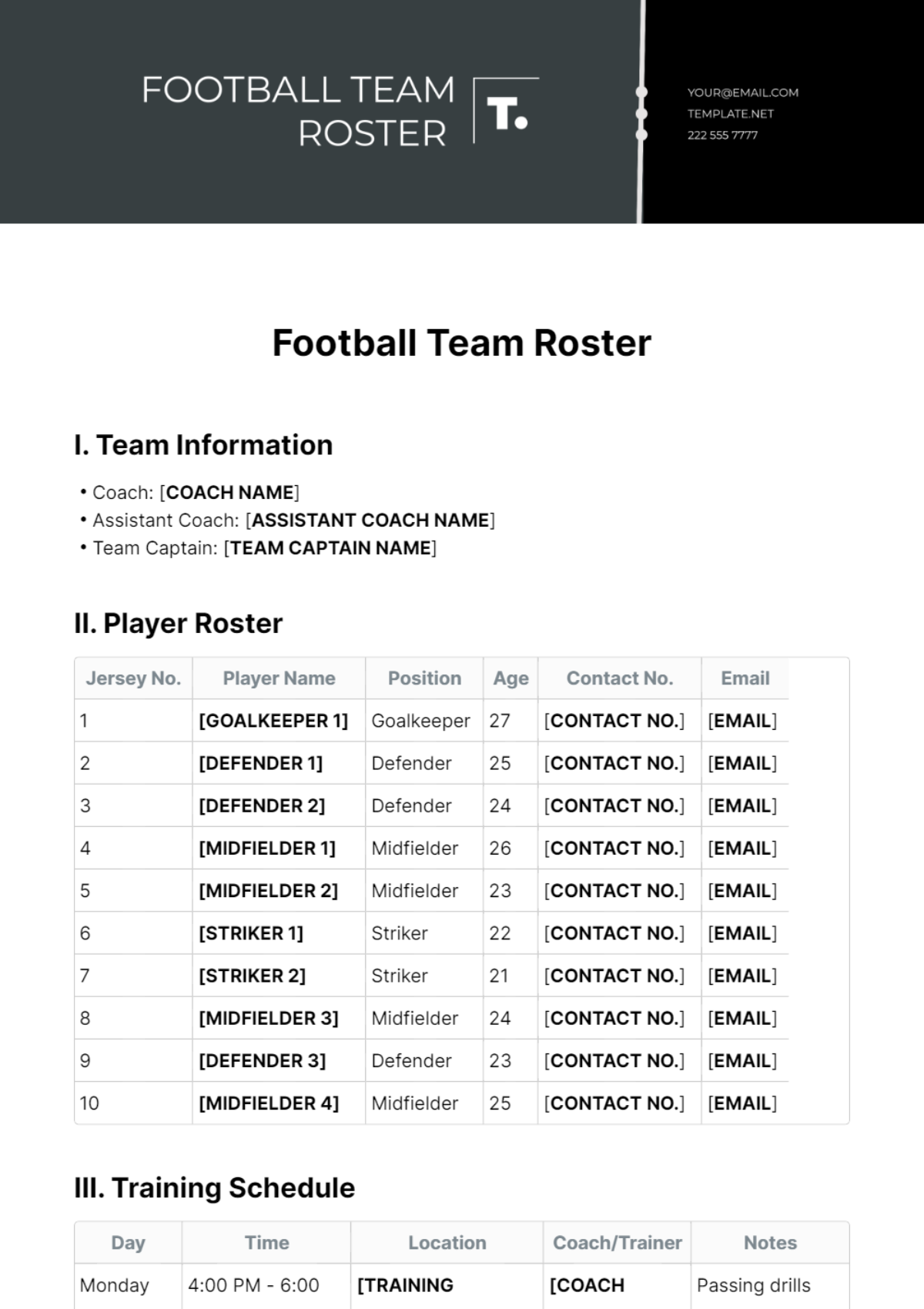 Football Team Roster Template