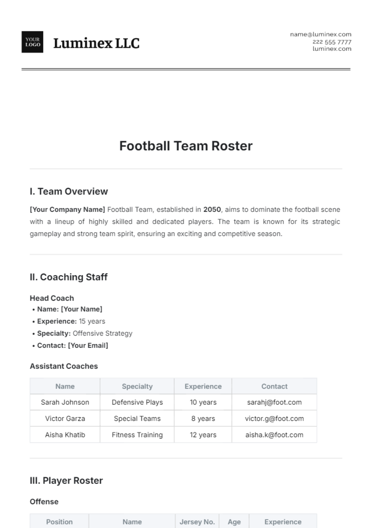 Football Team Roster Template