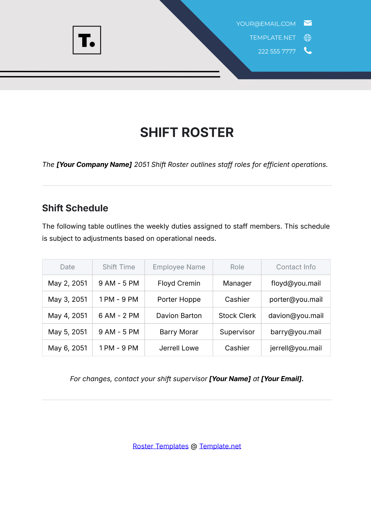 Shift Roster Template - Edit Online & Download