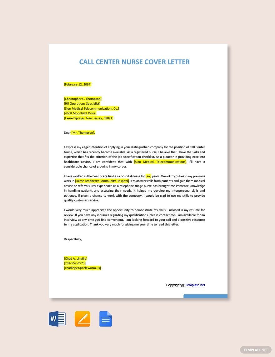 Free Call Center Nurse Cover Letter Template