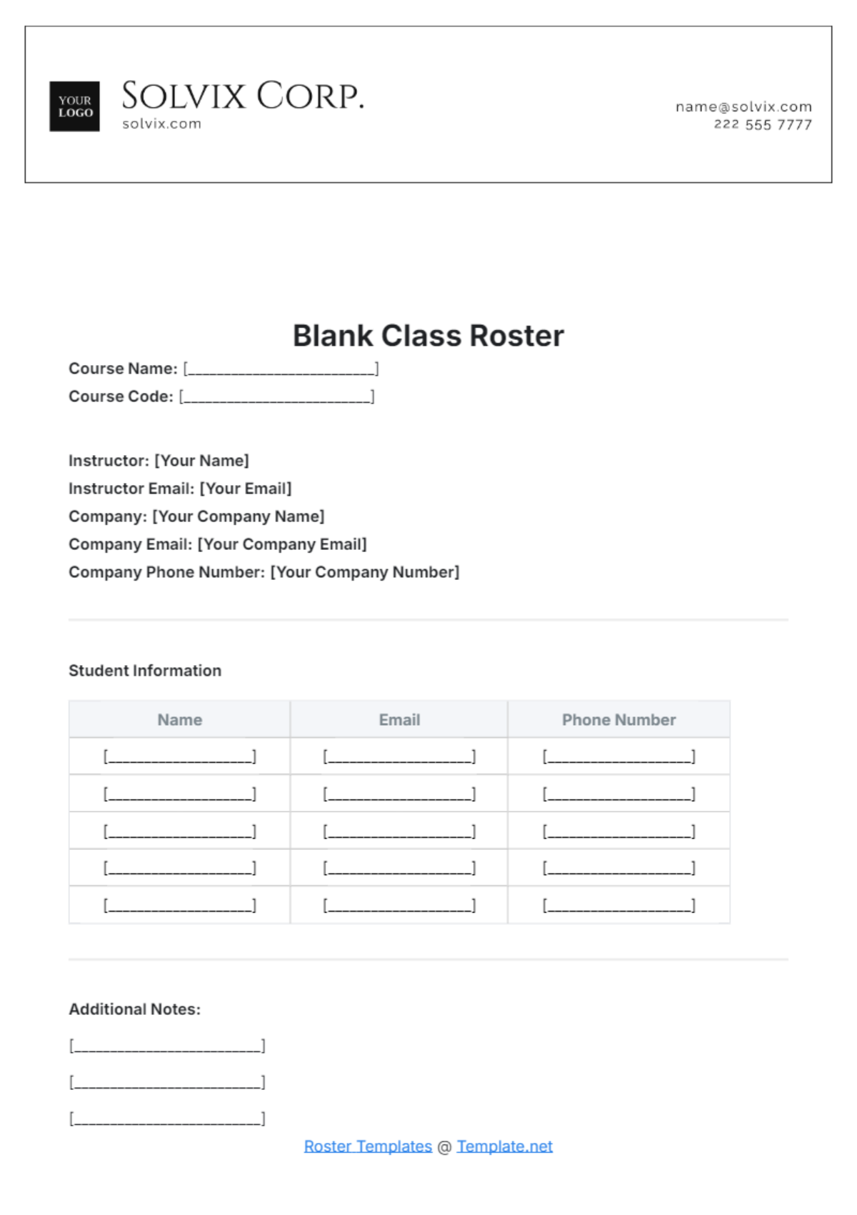 Blank Class Roster Template