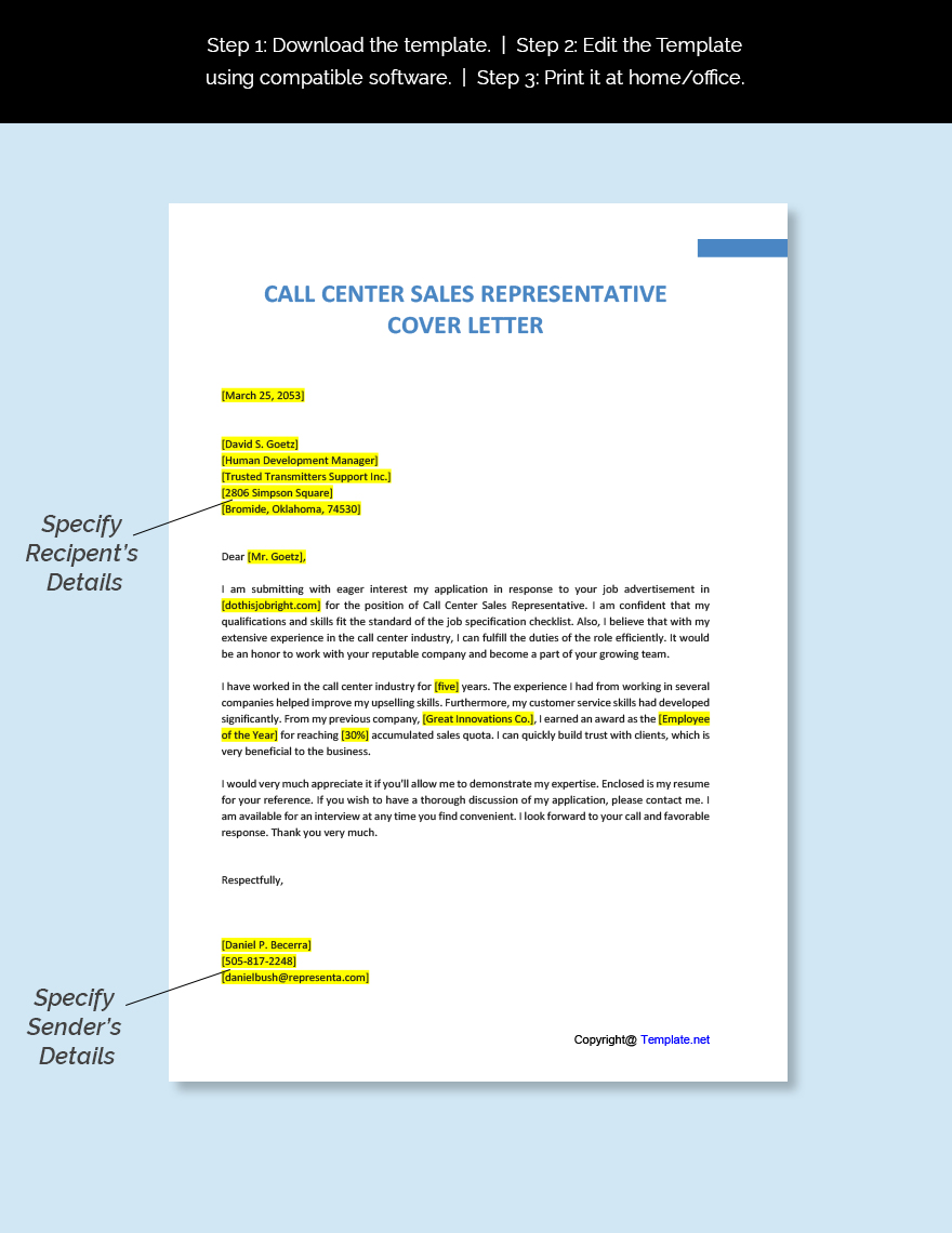 Call Center Sales Representative Cover Letter