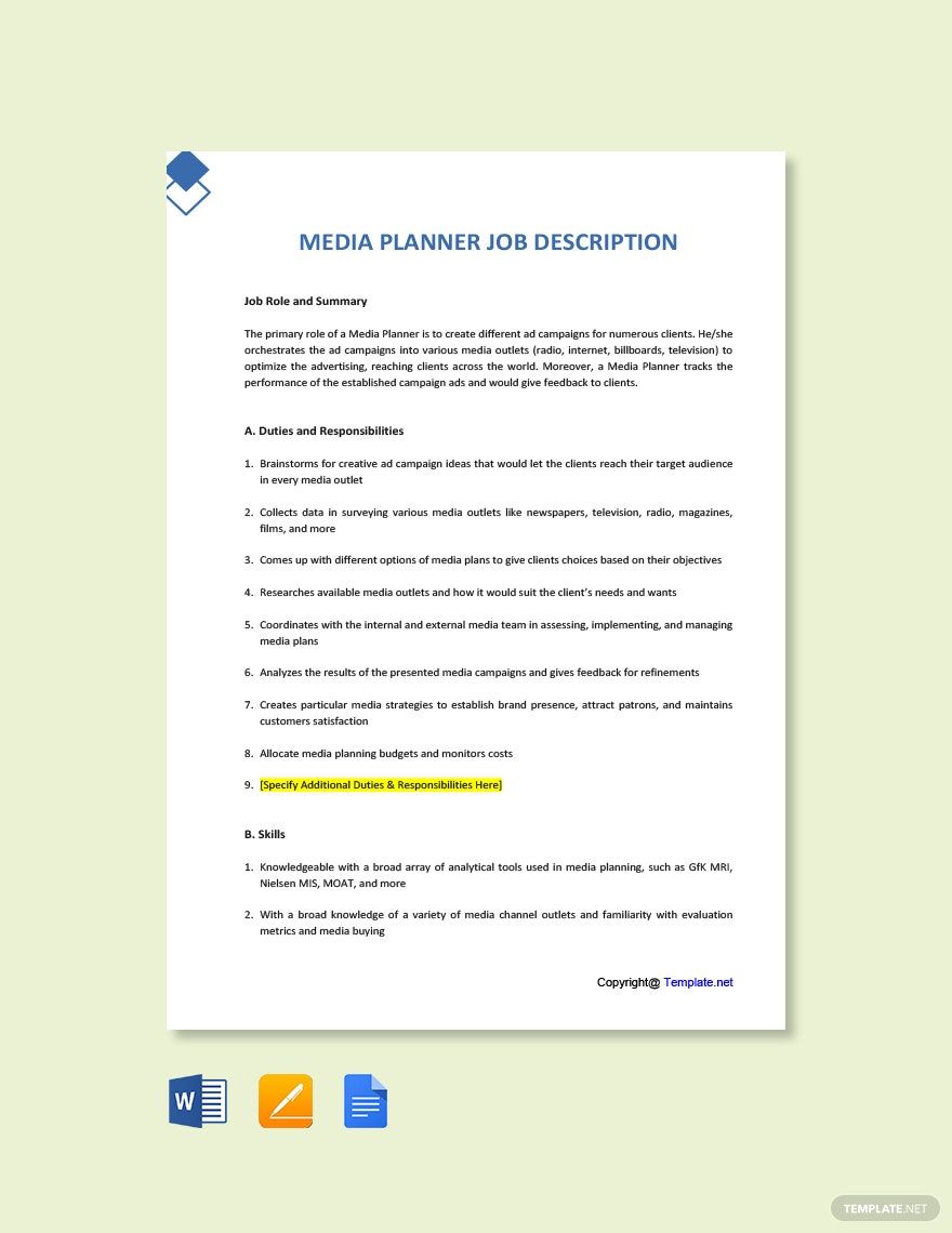 Media Planner Job Ad and Description Template