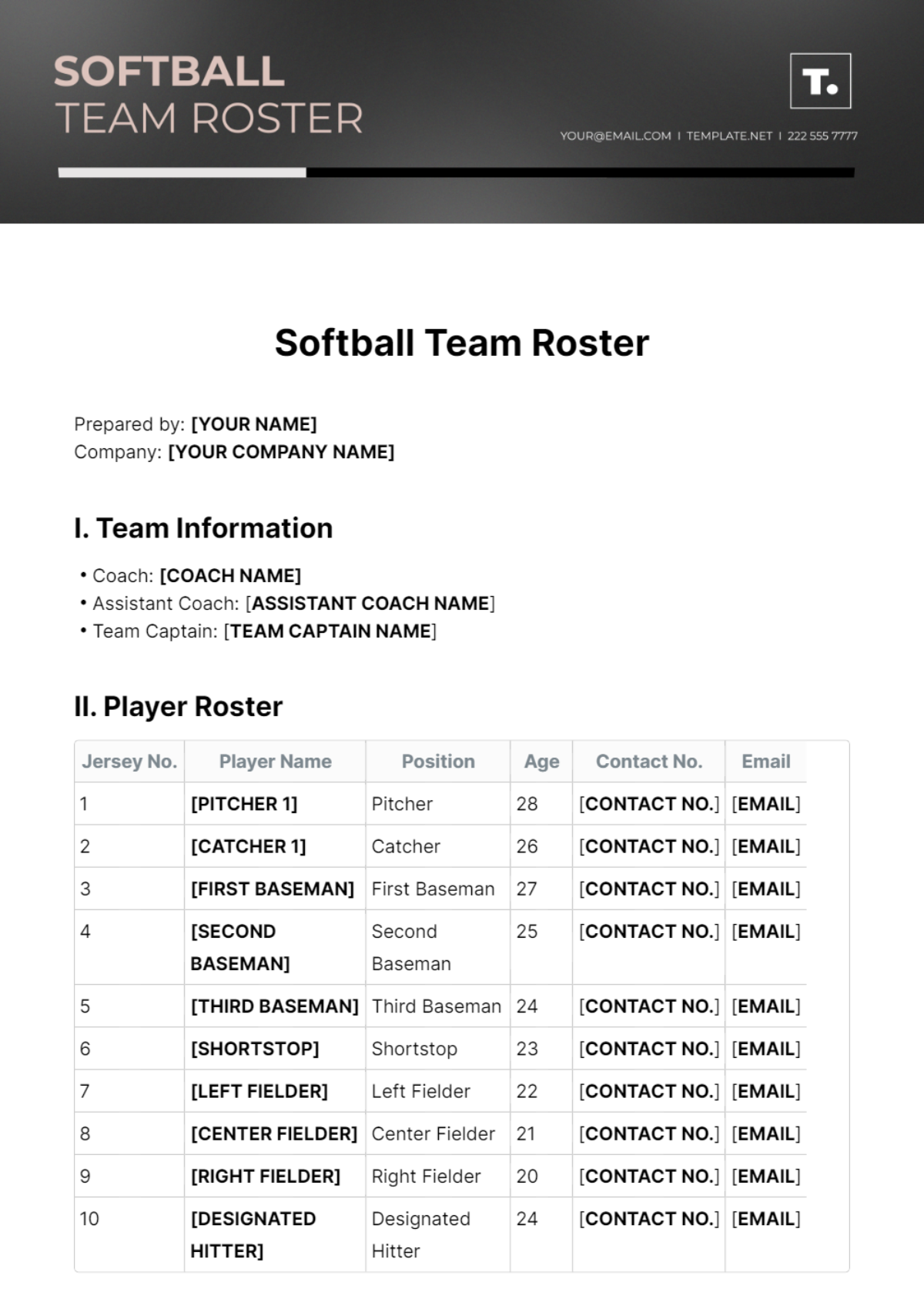 Softball Team Roster Template