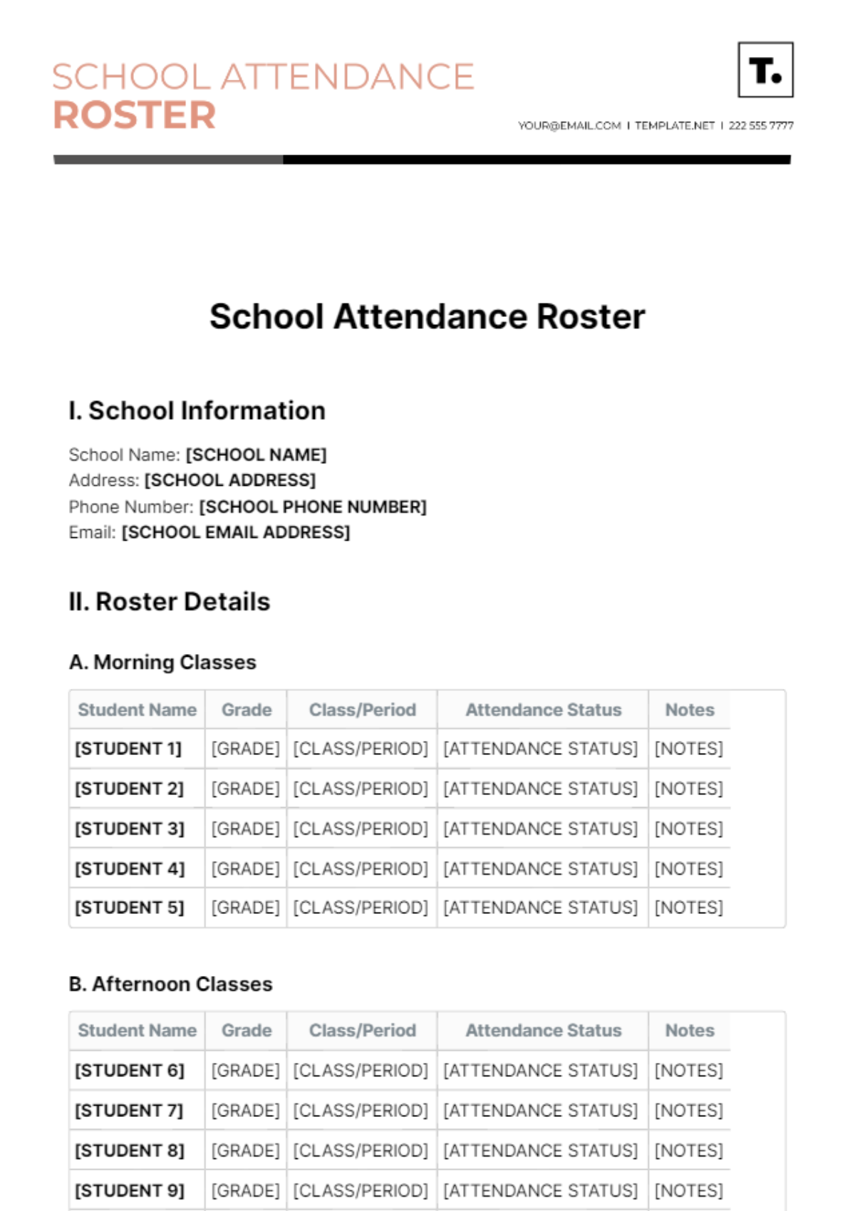 School Attendance Roster Template