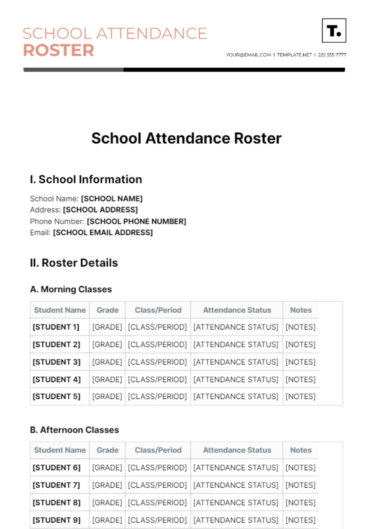 School Attendance Roster Template - Edit Online & Download