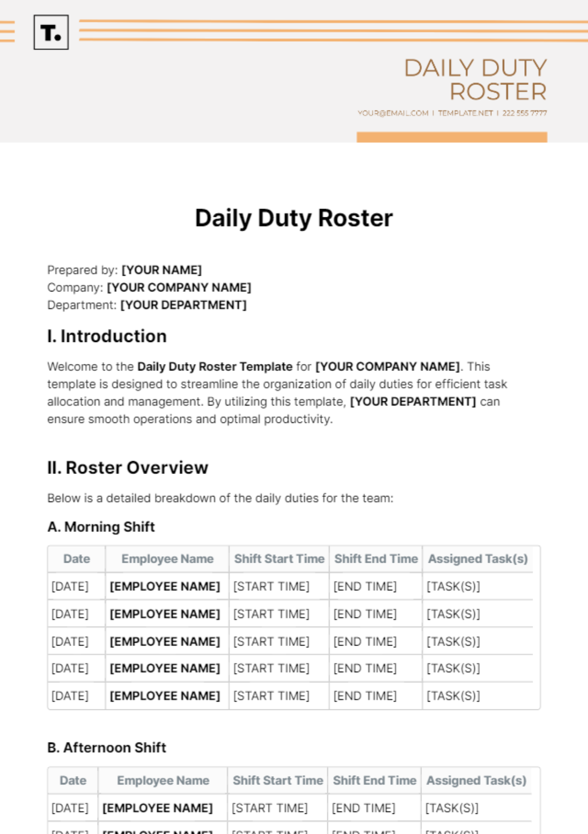 Daily Duty Roster Template