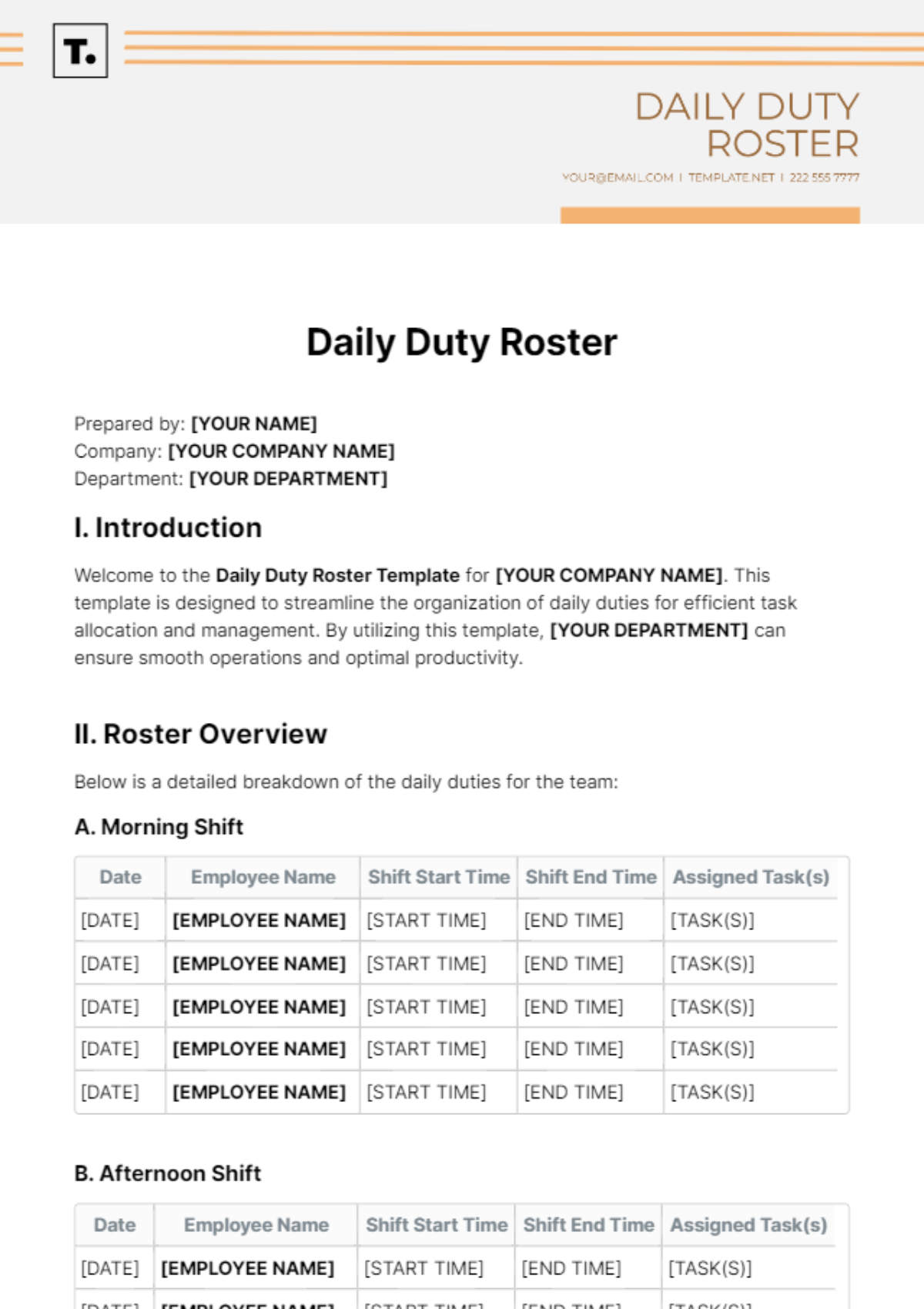 Daily Duty Roster Template - Edit Online & Download