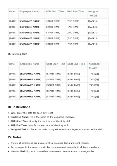 Free Daily Duty Roster Template to Edit Online