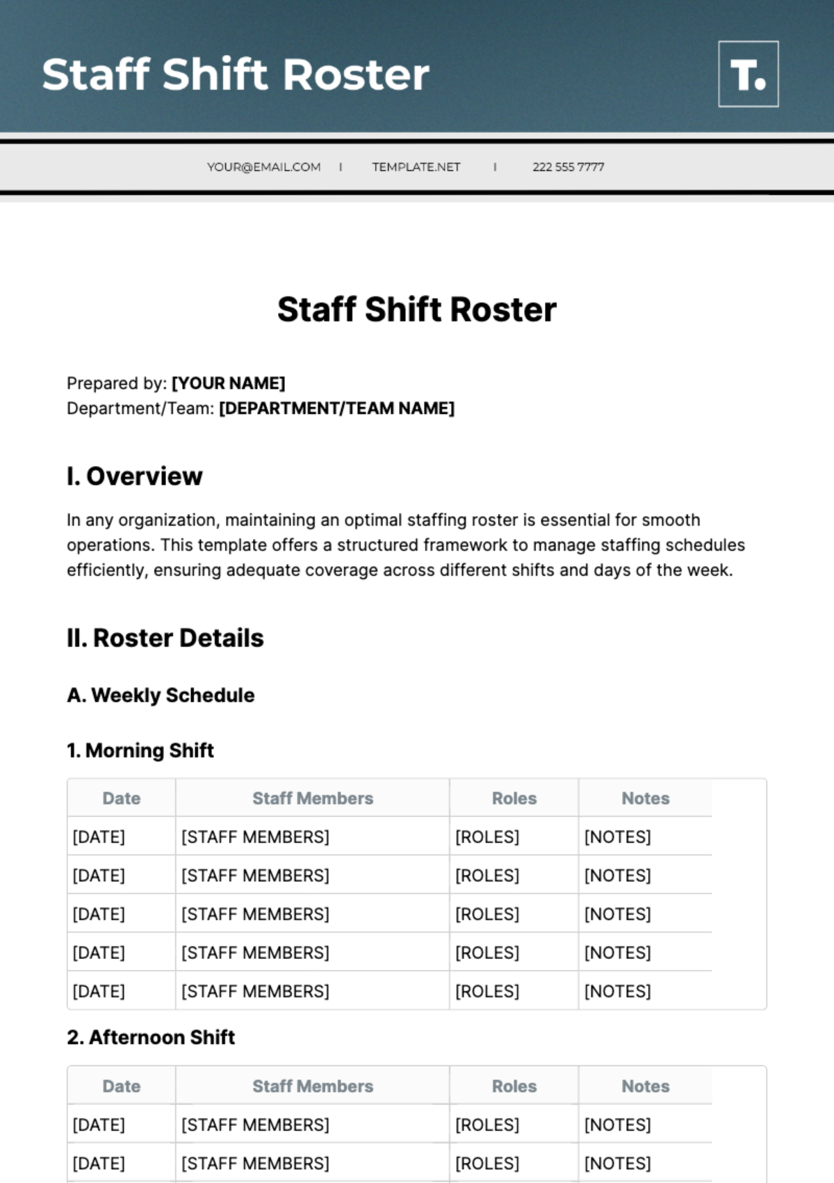 Staff Shift Roster Template