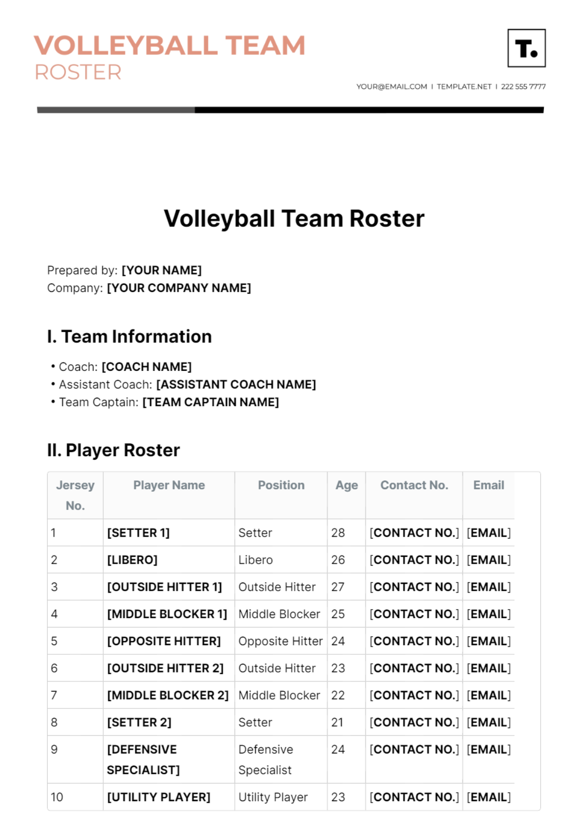 Volleyball Team Roster Template