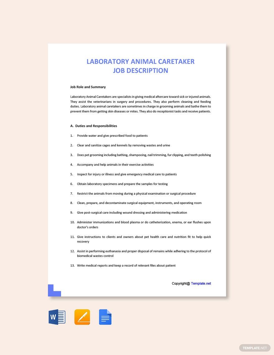 Free Laboratory Animal Caretaker Job Description - Google Docs, Word, Apple  Pages 