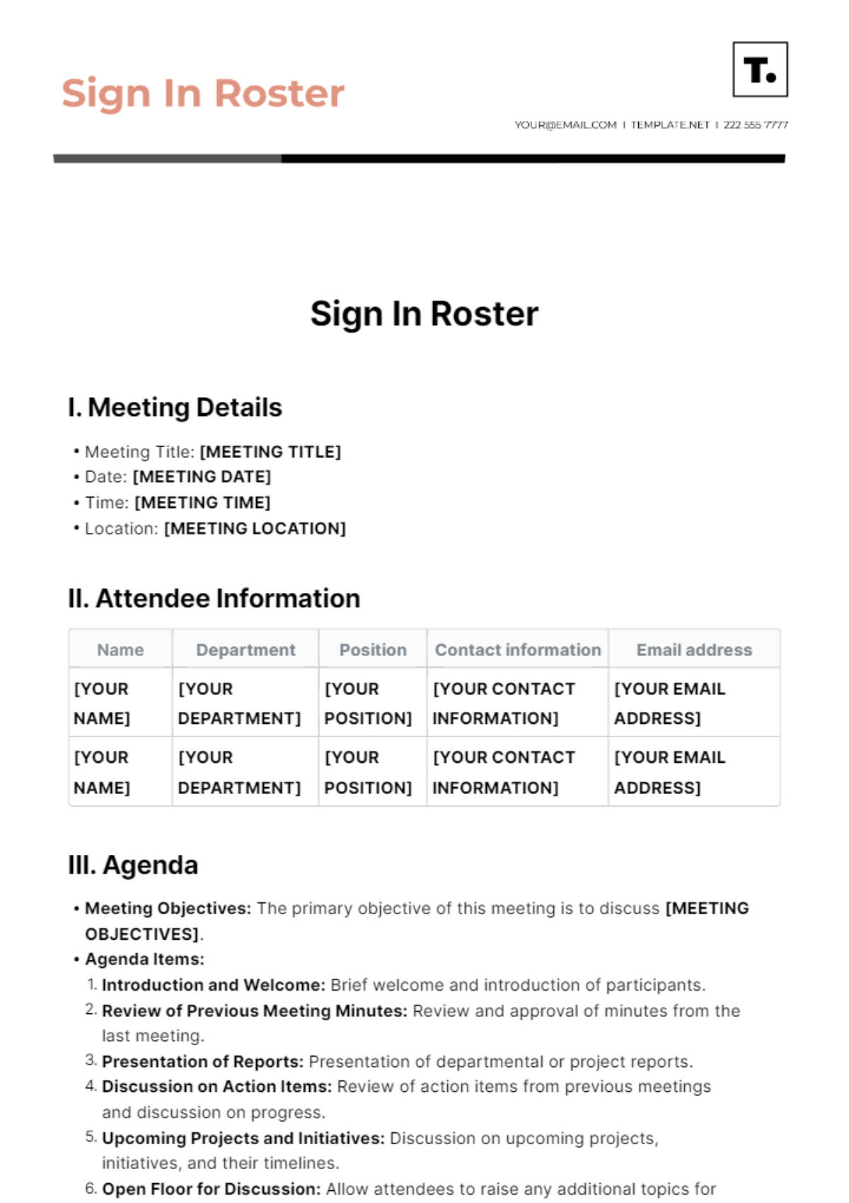 Sign In Roster Template