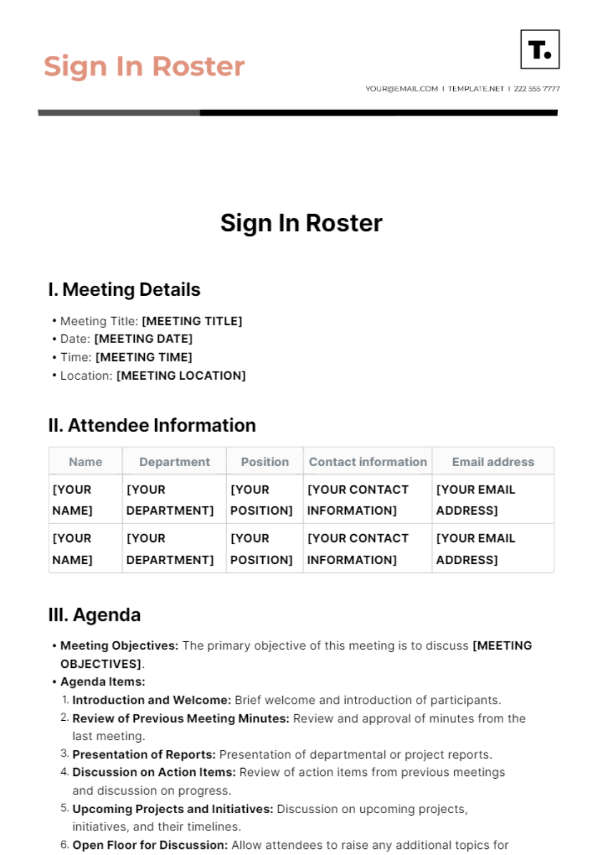 Sign In Roster Template - Edit Online & Download