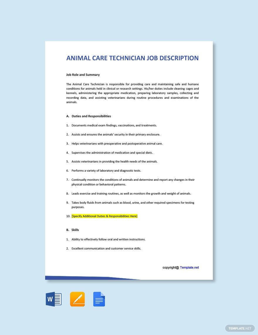 Animal Care Technician Job Ad and Description Template