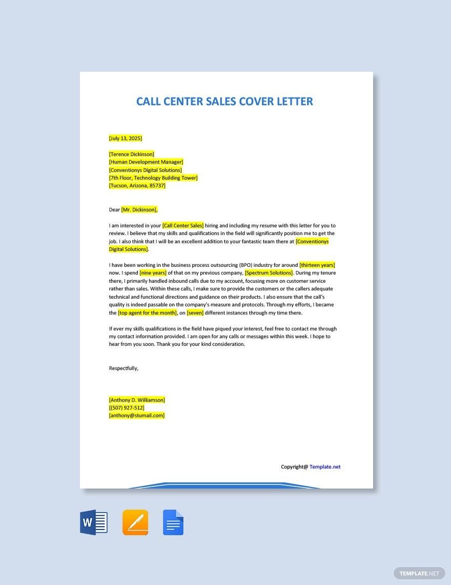 Call Center Sales Cover Letter