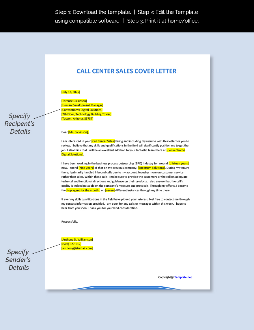 Call Center Sales Cover Letter