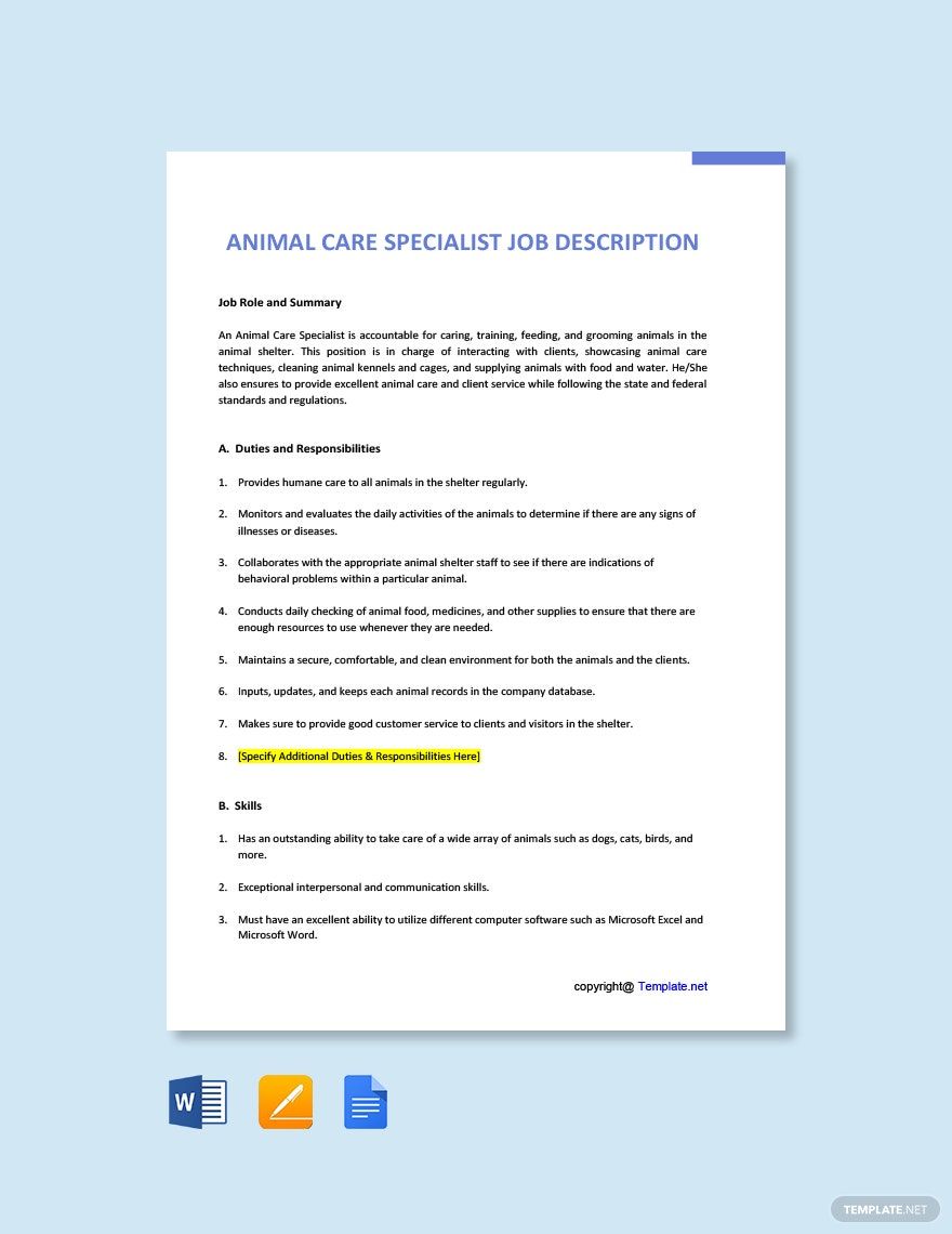 Animal Care Specialist Job Ad and Description Template