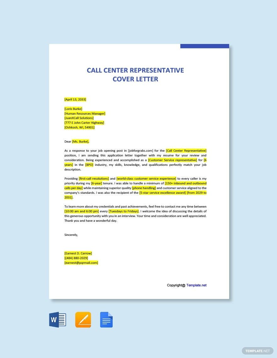 Call Center Representative Cover Letter Template